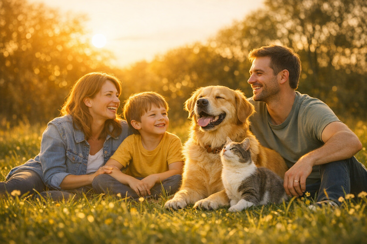 Happy family with Golden Retriever dog and cat sitting together in a sunny meadow at golden hour - Freedom of the Heart